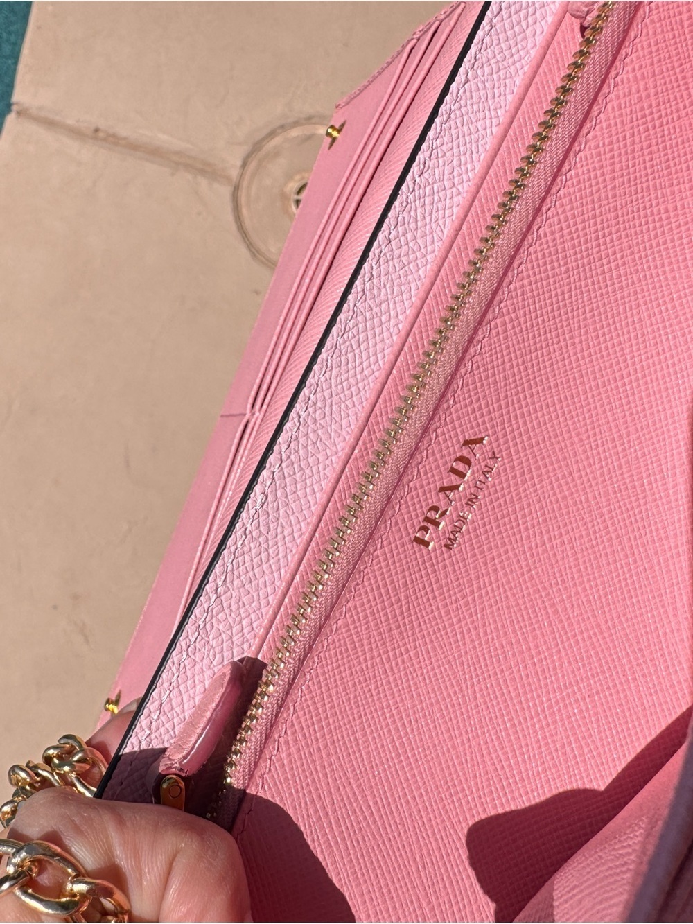 Authentic Prada Pink Saffiano Crossbody Wallet with Gold Chain Strap - Picture 8 of 13